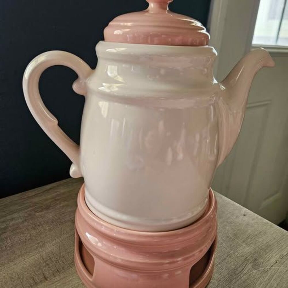 Ancers Two-Tone Pink Ceramic Teapot with Matching Warmer Base